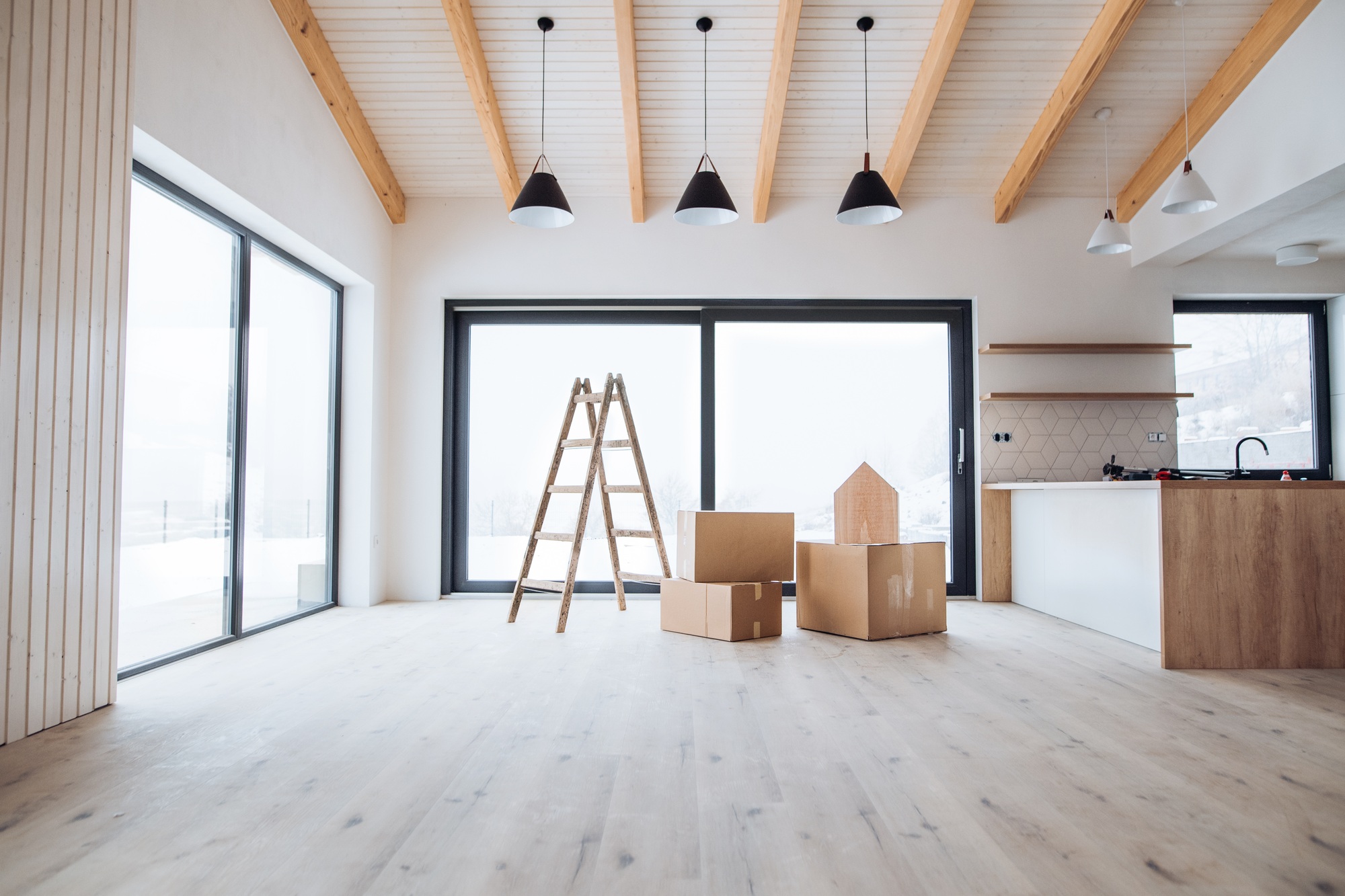 An interior of a new house or flat, furnishing a new home concept.